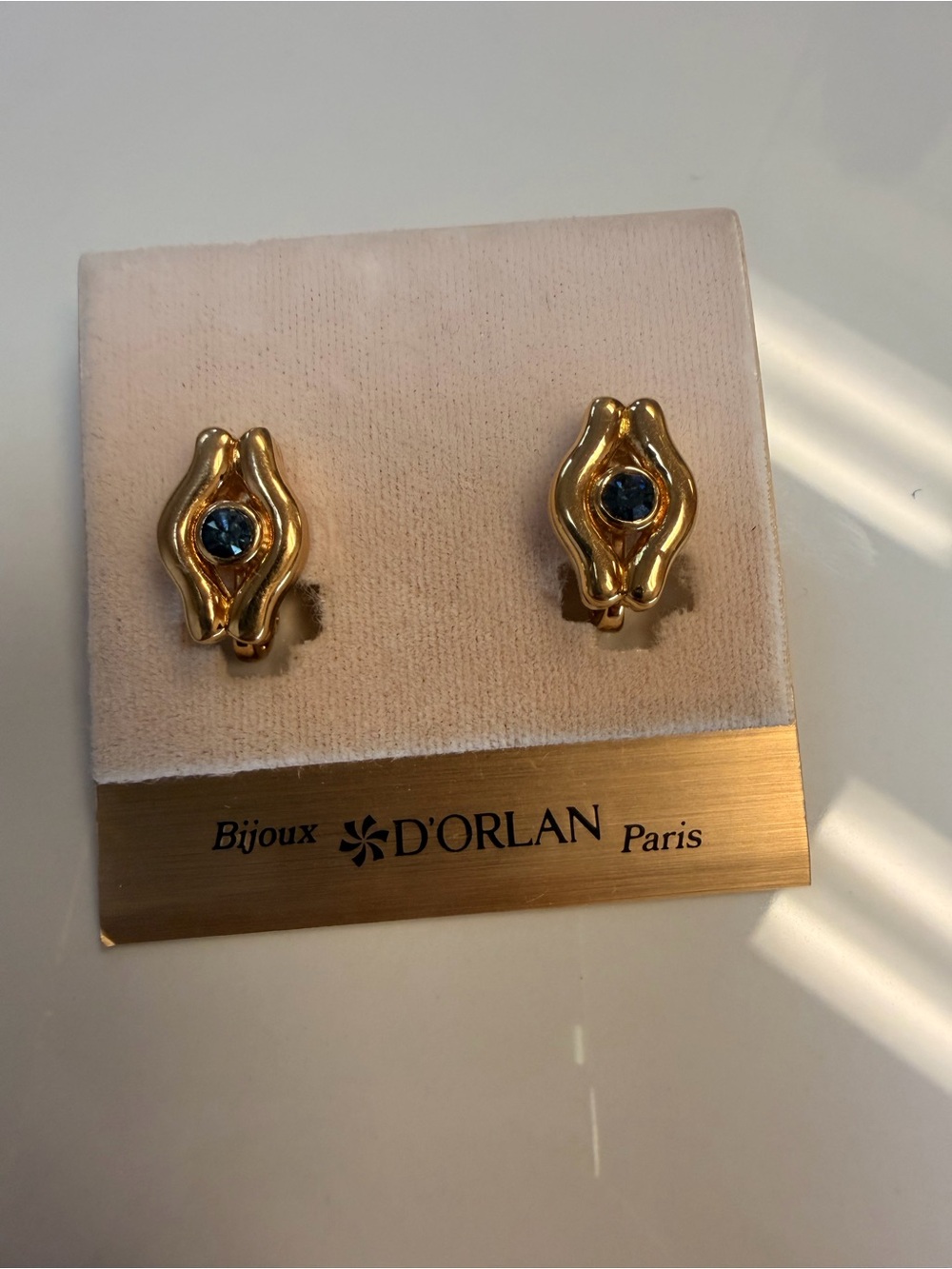 Gold Clip-On Earrings with Blue Stone - Picture 2 of 3